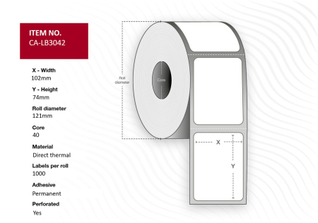 Capture Label 102 x 74 Core 40 Ø 121 mm. White. DT. Permanent. 1000 labels per roll. 12 rolls per box.