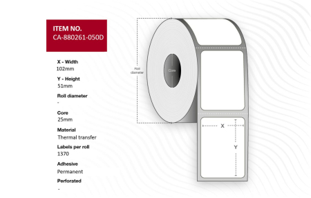 Capture Label 102 x 51mm, Core 25,4mm, thermal transfer, permanent adhesive, Polyester. 1370 labels per roll, 12 rolls per box. Equal to P/N 880261-050D