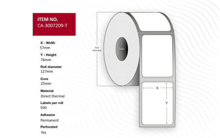 Capture Label 57 x 76mm, Core 25mm, Direct Thermal, Coated, Permanent, Perforated, 930 labels per roll, 12 rolls per box. Equal to p/n: CA-3007209-T