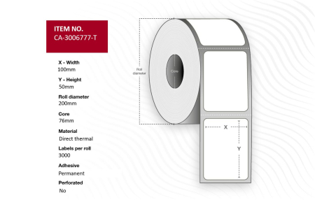 Capture Label 100 x 50mm, Core 76mm, Direct Thermal, Uncoated, Permanent, No perforation, 3000 labels per roll, 4 rolls per box. Equal to p/n: 3006777-T