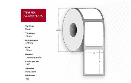 Capture Label 31 x 25mm, Core 25mm, Thermal Transfer, Coated, Permanent, Perforated, 2580 labels per roll, 12 rolls per box. Equal to p/n: 800271-105