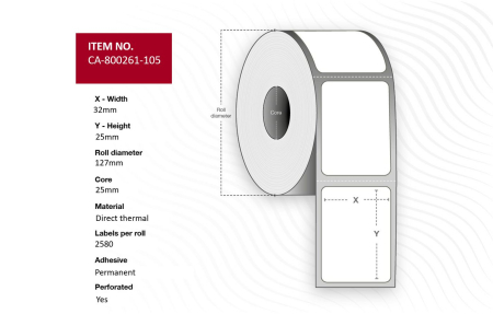Capture Label 32 x 25mm, Core 25mm, Direct Thermal, Coated, Permanent, Perforated, 2580 labels per roll, 12 rolls per box. Equal to p/n: 800261-105