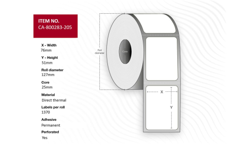 Capture Label 76 x 51mm, core 25mm, Direct Thermal, Uncoated, Permanent, Perforated, 1370 labels per roll, 12 rolls per box. Equal to p/n: 800283-205
