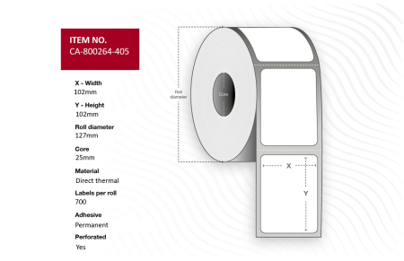 Capture Label 102 x 102mm, Core 25mm, Direct Thermal, Coated, Permanent, Perforated, 700 labels per roll, 12 rolls per box. Equal to p/n: 800264-405