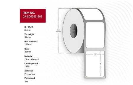 Capture Label 76 x 51mm, Core 25mm, Direct Thermal, Coated, Permanent, Perforated, 1370 labels per roll, 12 rolls per box. Equal to p/n: 800263-205