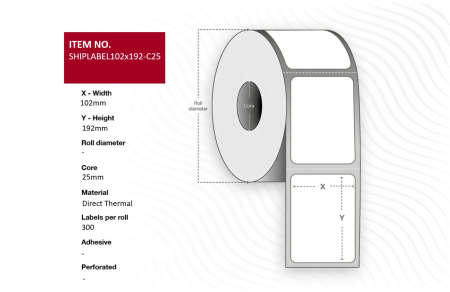 Capture Ship-label 102 x 192mm, Core 25mm. Direct Thermal, Perforated, 300 labels per roll. 24 rolls per box