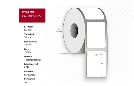 Capture Label 102 x 51mm, Core 76mm, Thermal transfer, Polyester white, Permanent, outer diameter 200mm, 2740 labels per roll, 4 rolls per box.