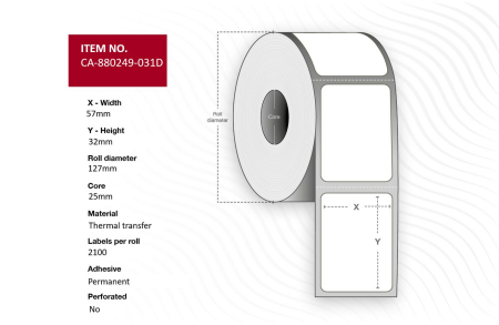 Capture Label 57 x 32mm, Core 25mm, Thermal transfer, Polyester white, Permanent, outer diameter 127mm, 2100 labels per roll, 12 rolls per box.