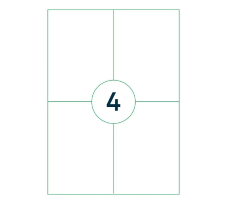 Capture A4 label 105x148 mm. 4 labels per sheet, 400 labels per pack, 100 sheets per box. Laser copy ink.