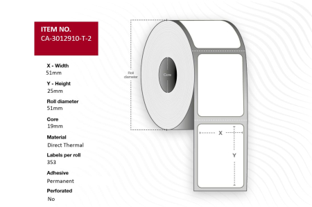 Capture Label 51x25, Core 19, Direct Thermal, White uncoated paper, Permanent Adhesive, no perforation, Diameter 51 mm, 353 labels per roll, 16 rolls per box