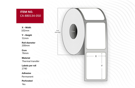 Capture Label 102 x 51mm, Core 76mm, Thermal transfer, Coated, Permanent, 2740 labels per roll, 4 rolls per box. Equal to p/n: 880134-050