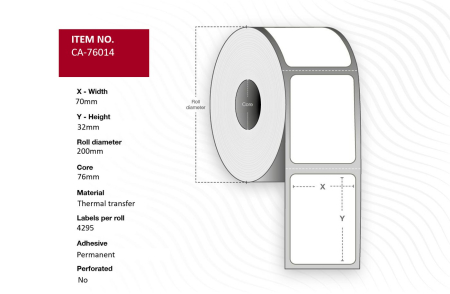 Capture Capture Label 70 x 32mm, Core 76mm, Thermal Transfer, Polyester, Permanent, No perforation, 4295 labels per roll, 8 rolls per box