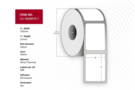 Capture Label 102 x 51mm, Core 19mm, Outside diameter 59mm, Direct thermal, Uncoated, Permanent, Perforation. 300 labels per roll, 16 rolls per box. Equal to 3008870-T