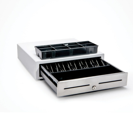 Star Micronics CD4 White Cash Drawer, Stainless Steel Front, 410mm x 415mm, Printer Driven, 4Note – 8Coin, Cable Included