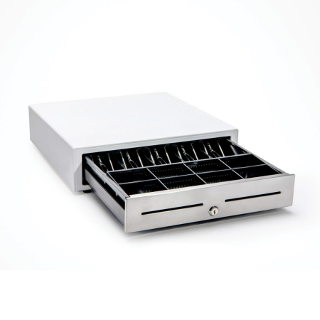 Star Micronics CD4 White Cash Drawer, Stainless Steel Front, 410mm x 415mm, Printer Driven, 4Note – 8Coin, Cable Included