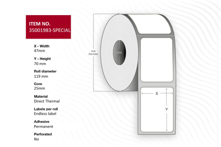 Capture Label 47 x 70 - Core 25. White. Eco. DT. Permanent. 1 roll per box. Special dye included