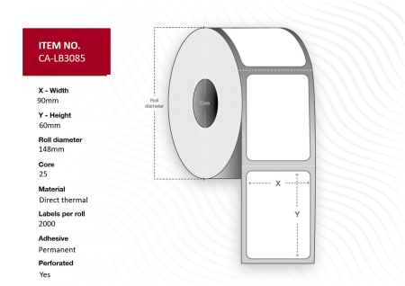 Capture Label 90 x 60 Core 25 Ø 148 mm. White. DT. Permanent. 2000 labels per roll. 8 rolls per box. -CA-LB3085