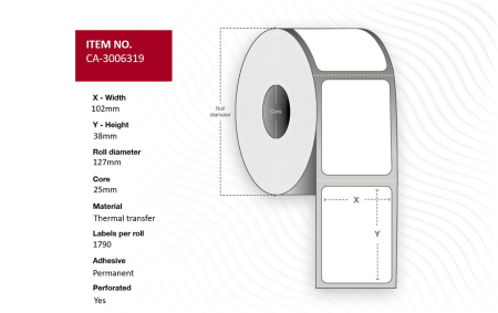 Capture Label 102 x 38mm, Core 25mm, Thermal Transfer, Coated, Permanent, Perforated, 1790 labels per roll, 12 rolls per box. Equal to p/n: 3006319