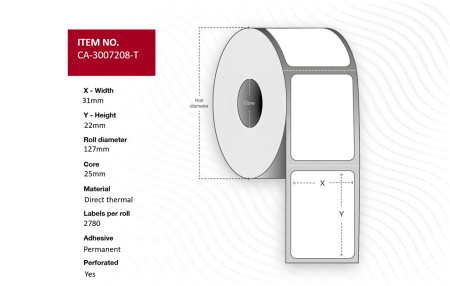 Capture Label 31 x 22mm, Core 25mm, Direct Thermal, Coated, Permanent, Perforated, 2780 labels per roll, 12 rolls per box. Equal to p/n: 3007208-T