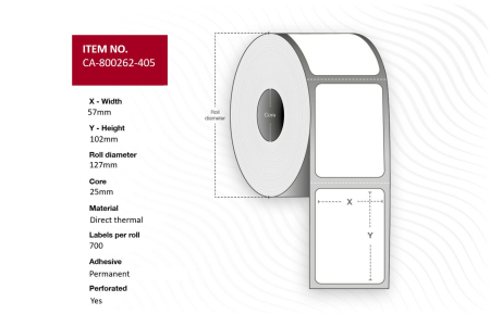 Capture Label 57 x 102mm, Core 25mm, Direct Thermal, Coated, Permanent, Perforated, 700 labels per roll, 12 rolls per box. Equal to p/n: 800262-405