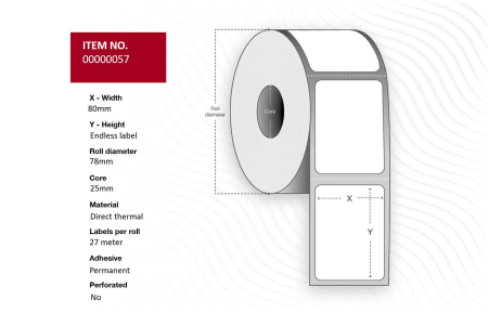 Capture Label 80mm(Width) x 80mm(Outer diameter) - Core 25. White. Premium. DT. Permanent. 4 rolls per box. 27 Meter, Endless Label