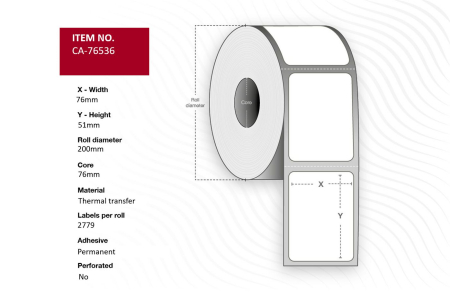 Capture Capture Label 76 x 51mm, Core 76mm, Thermal Transfer, Polyester, Permanent, No perforation, 2779 labels per roll, 6 rolls per box